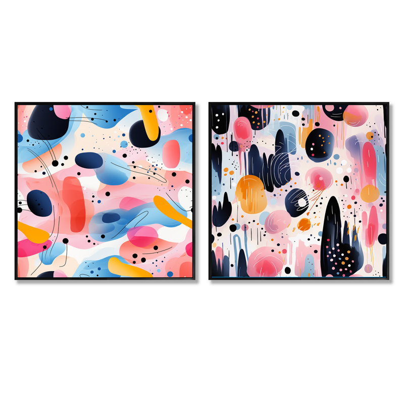 Ciesla - Ensemble de 2 collages carrés à formes abstraites, Cadre flottant noir, H 16 po x l 33 po