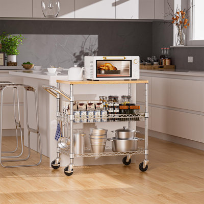 3-Tier 650Lbs Rolling Kitchen Cart with Wood Tabletop & 8 Hooks