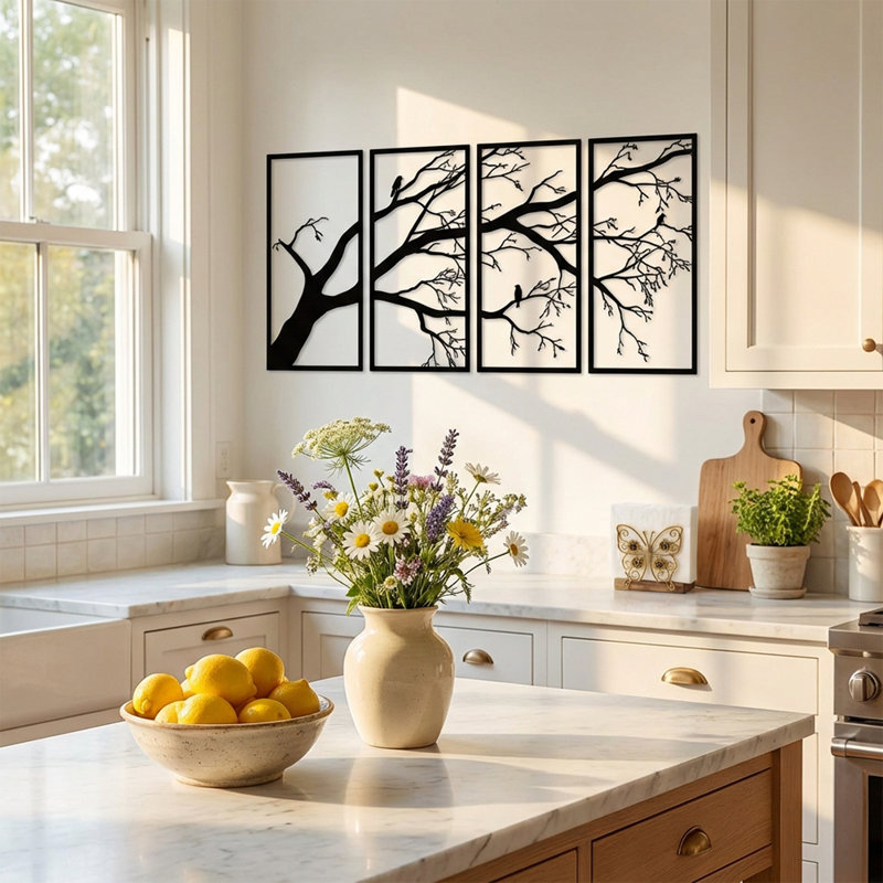Ensemble de 4 décorations murales minimalistes à branches et oiseaux nus sur métal