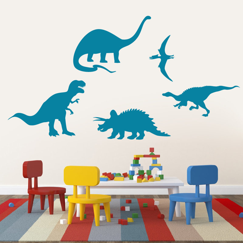 Ensemble de 5 décalcomanies murales dinosaures, Bleu sarcelle