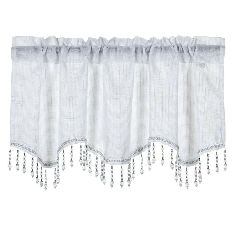 Kate Aurora 1 Piece Moroccan Sparkle Rod Pocket Semi Sheer Voile Beaded Trim Window Valance, White