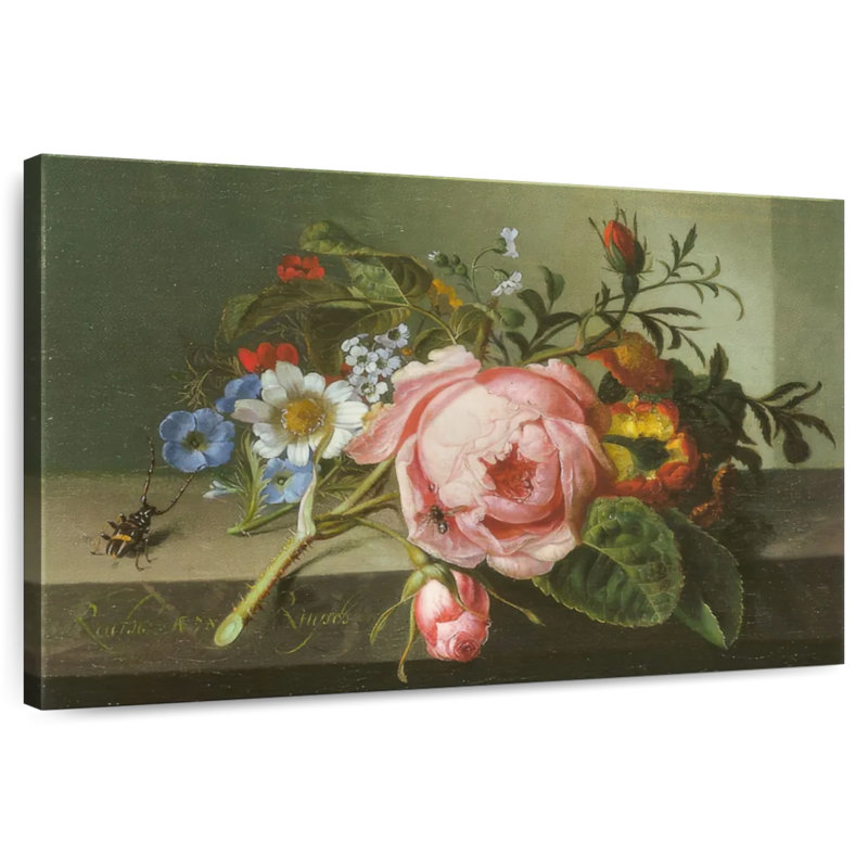 Harnek fleurs avec coléoptère sur une balustrade en pierre, H 20 po x l 30 po
