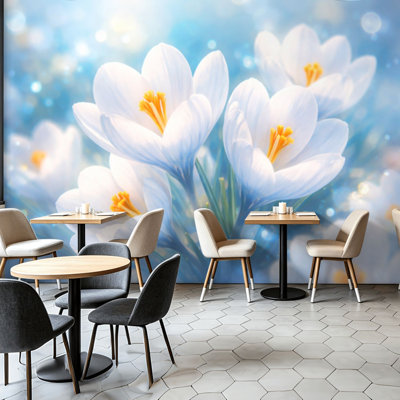 Papier peint adhésif pelez et collez, fleurs de crocus blanches, art abstrait bleu doux, auto-adhésif et amovible