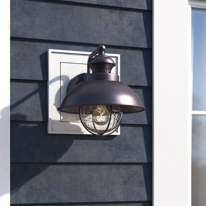 Mohnton 10.25 in. H 1-Light Textured Black Coastal Outdoor Wall Sconce made of Durable Steel, Clear Seeded Glass Shade, LED Compatible, Use for Exterior Porch Patio Front Door or Garage