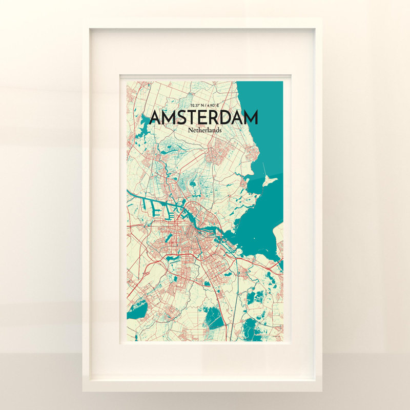 « amsterdam city map », reproduction d’impression sur affiche, H 17 po x l 11 po