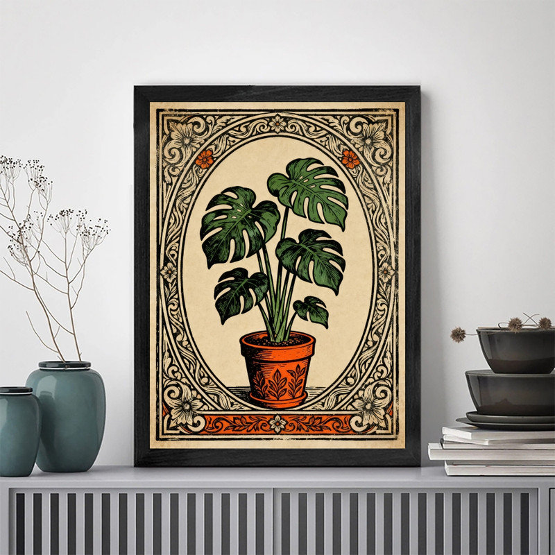 Reproduction botanique rétro encadrée noire Mid-Century, H 17 po x l 13 po