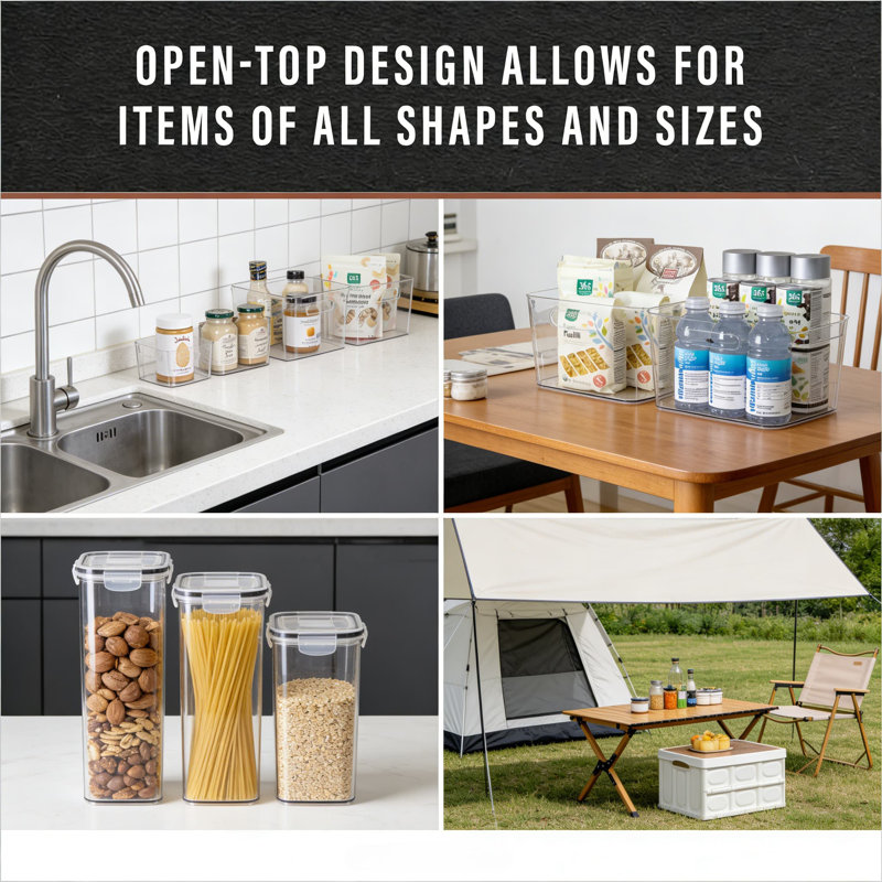Ensemble de 2 bacs de rangement en plastique transparent, grands contenants de rangement pour garde-manger, réfrigérateur, armoire de cuisine, organisation de salle de bain et de maison, conception à plateau ouvert durable sans BPA avec poignées