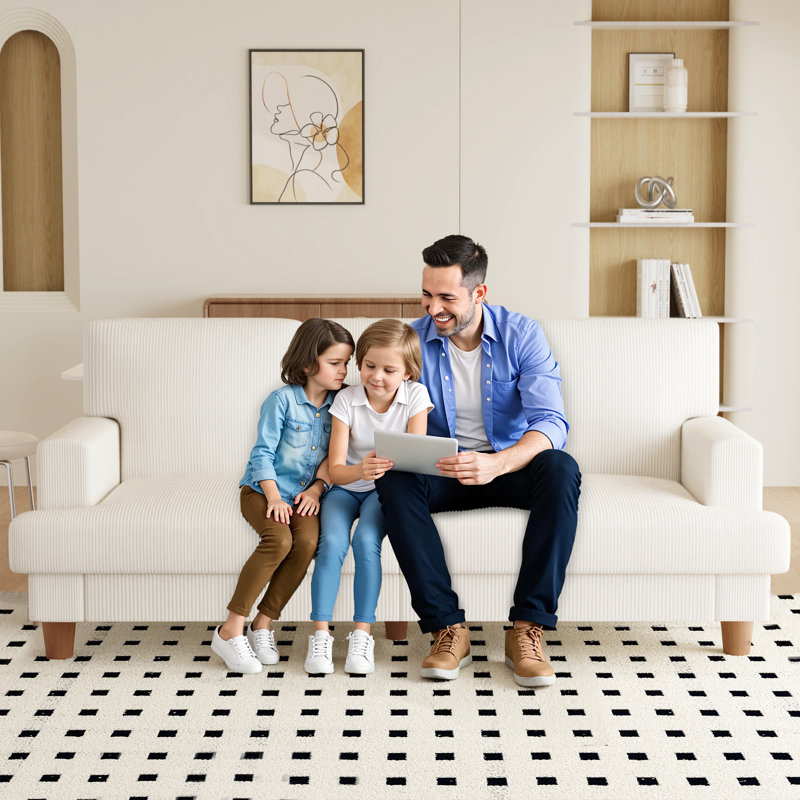 87-inch Corduroy Sofa with 3 Seats, No Tool Assembly,Solid Wood Frame and Solid Wood Legs-White, White