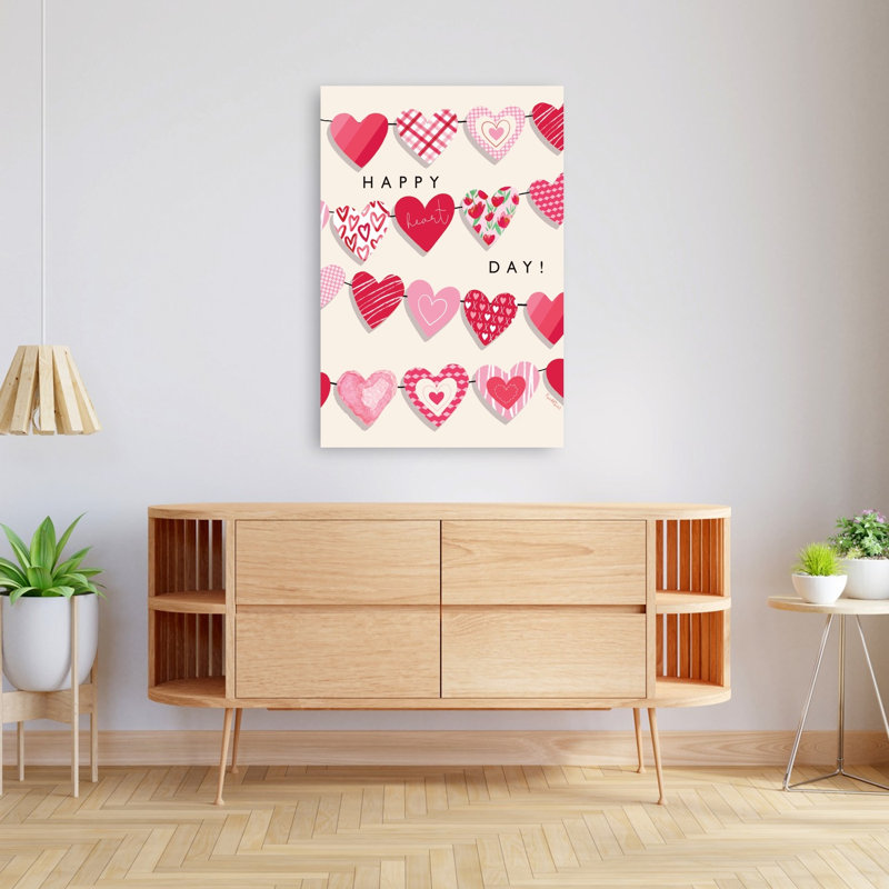 «Happy Heart Day», art mural abstrait romantique fantaisiste, 48" H x 32" W