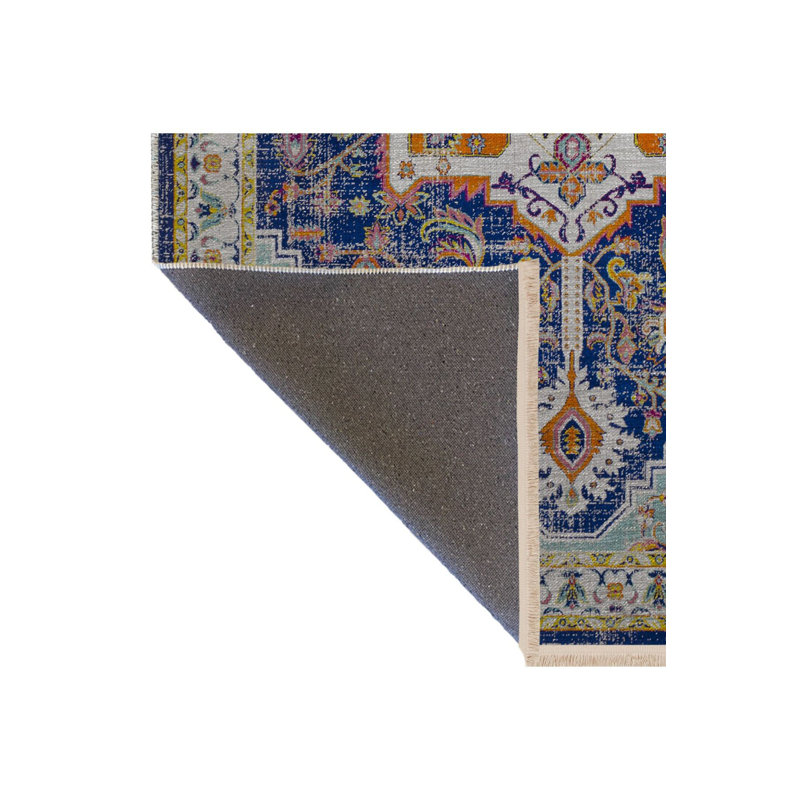 Tapis bleu délavé à motif décoratif frangé traditionnel, Tapis de couloir 4 pi 11 po x 9 pi 10 po