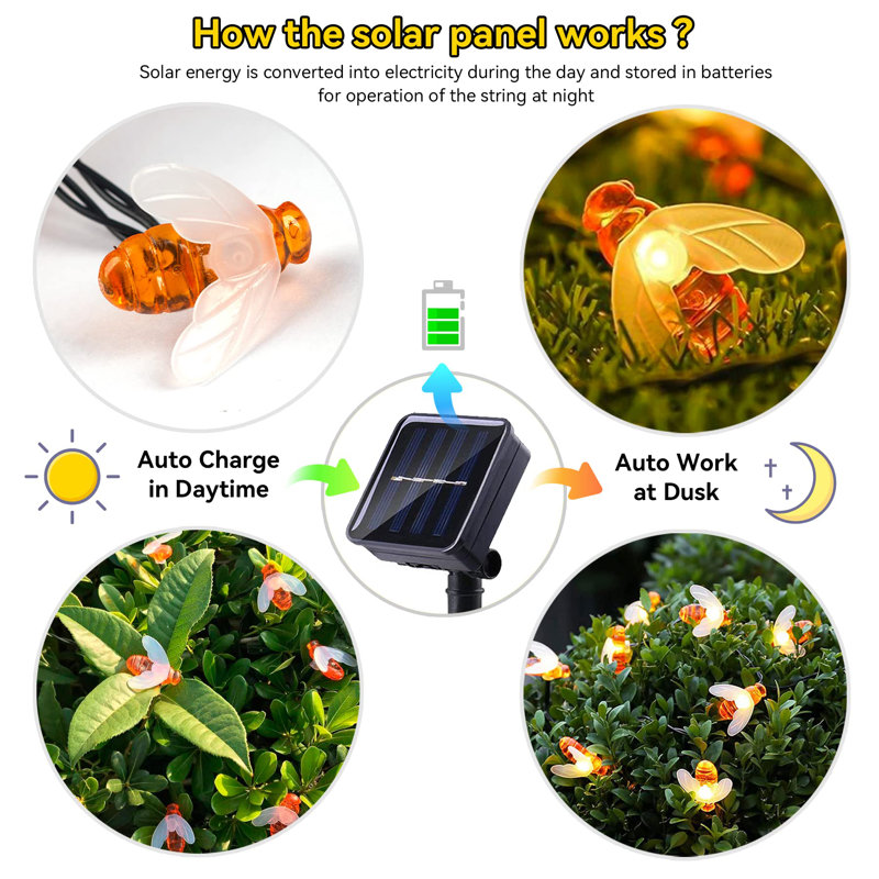 Solar Bee String Lights 30 LED 8 Modes Cute Bee Lights Waterproof Outdoor Lights