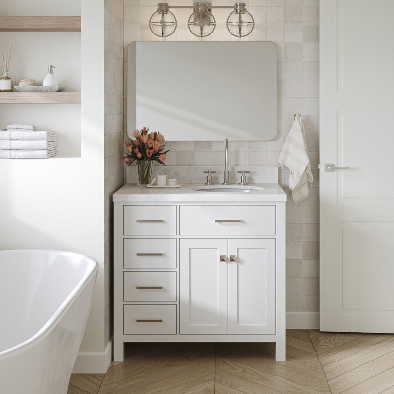 Macnair 8_ARIEL Bristol Single Sink Bathroom Vanity with Carrara White Quartz, White, Oval, 36"