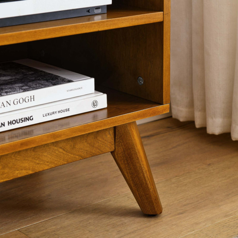 Mid Century Modern Rattan TV Stand For 65 Inch TV, Entertainment Cabinet, Media Console For Living Room Media Room, Solid Wood Feet & Rattan Cabinet Doors