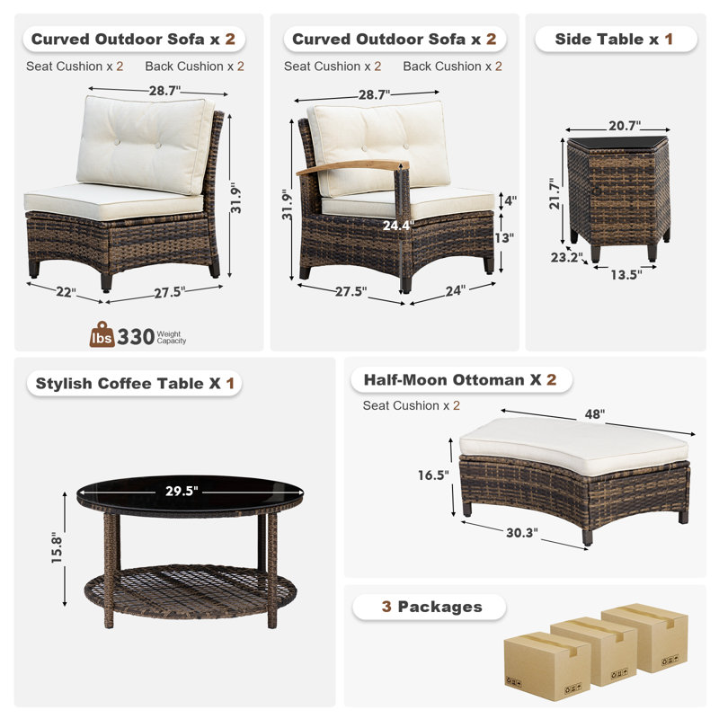 8 Piece Outdoor Patio Furniture Set, Half-Moon Curved Sectional Sofa Rattan Conversation Set With Wood Armrests, 2 Half-Moon Ottoman,Coffee Table & Side Table