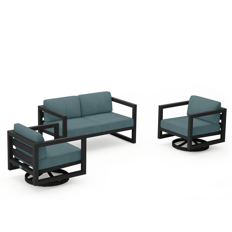 Avion 3 Piece Loveseat Set With Swivel, Slate, Cast Lagoon Sunbrella® Plainweave