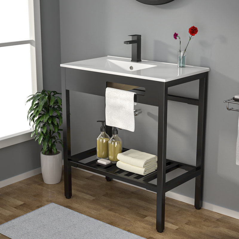 28"L x 20"W Ceramic Console Bathroom Sink Rectangular Porcelain Freestanding Basin with Overflow,Stainless Steel Bracket