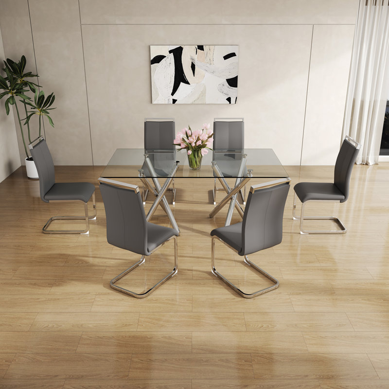 Daarina Modern Dining Table Set, Large Rectangular Glass Table with Silver X-Base and Faux Leather Cantilever Chairs, 7