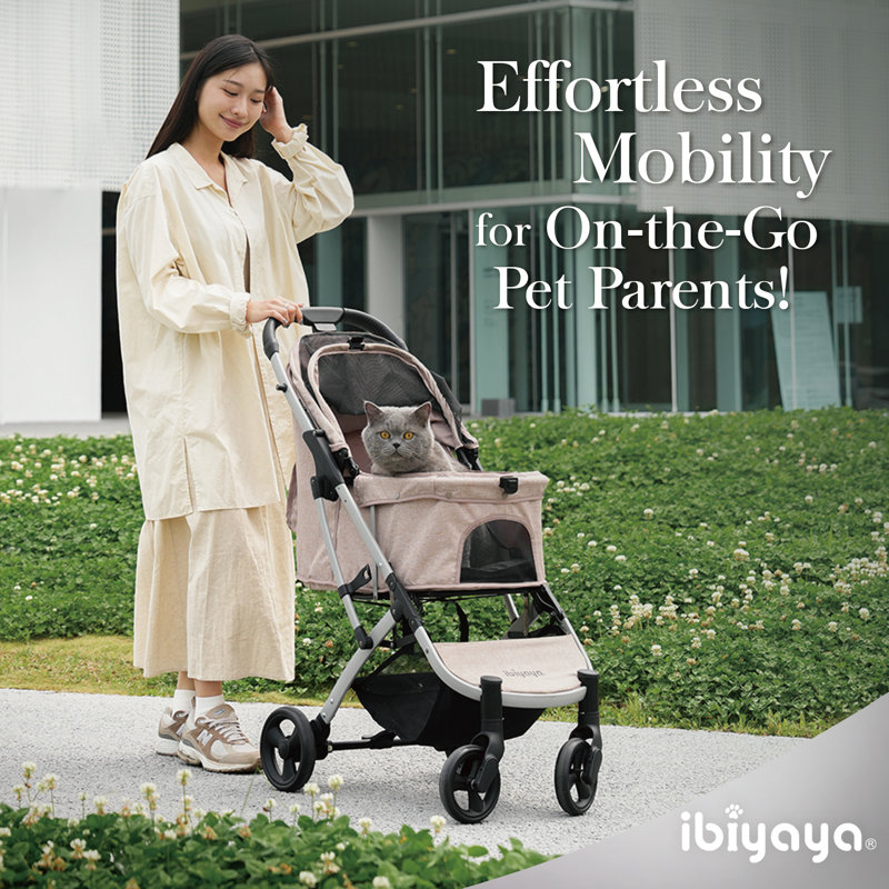 Compact Foldable Beige Polyester Pet Stroller with EVA Wheels