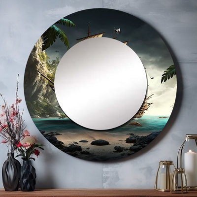 «Solvy Pirate Boat On The Ocean» - miroir de bateau, miroir mural décoratif rond traditionnel, impression d'art en métal