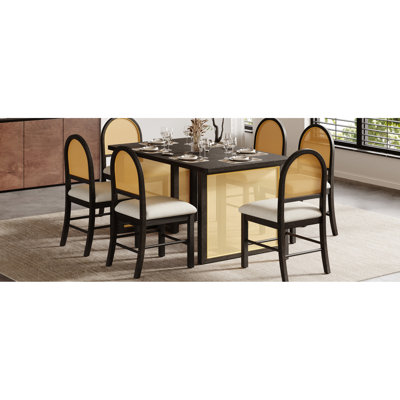 7 Dining Table For 6 - 59.8" Rectangular With Distressed Oak Veneer And Chairs, Rustic Room Furniture, L-shaped Legs Stability, Soft Cushions Cozy Dinners