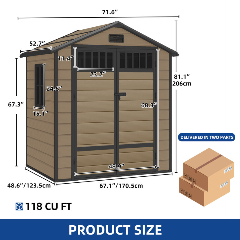 Edrosie Inc 6 X 4.4 Ft 118 Cuft  Resin Outdoor Storage Shed With Fence‑Style Design & Side Windows, Brown