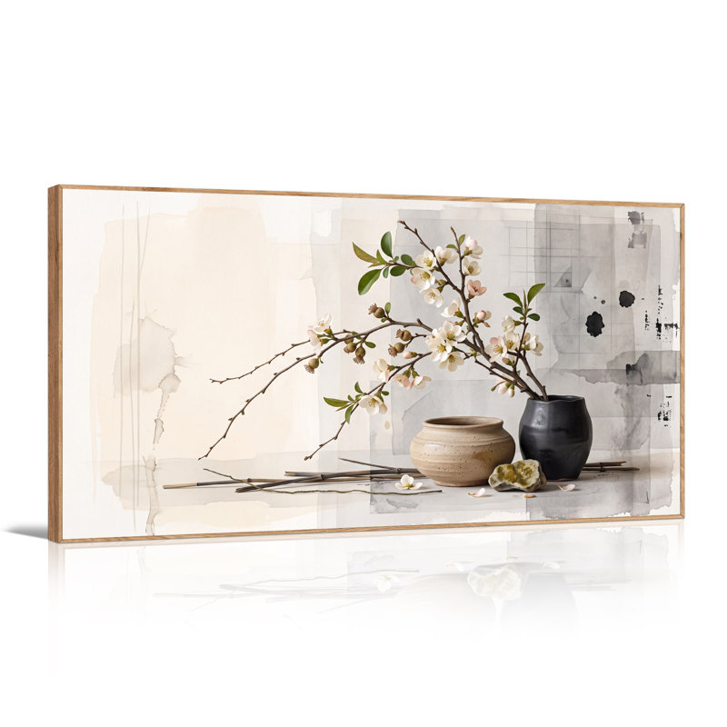 Art mural sur toile, "White Blossom Branch" dans des vases noirs et beiges, L 46 po x H 24 po