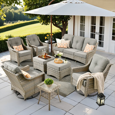 9 - Person Patio Furniture Sofa with Swivel Rockers , Outdoor Wicker Rattan High Back Sofa with Cushions, All Weather Sofa with Ottomans for Garden Ba by Lark Manor