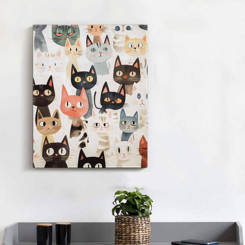 Colorful Cats Canvas Wall Art Cute Watercolor Cats Print Poster Framed Picture Painting For Home Wall Decor, Housewarming Gift For Cat Lovers, 8X10 Inch