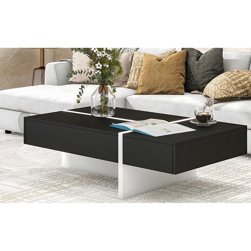 Table basse moderne noire avec tiroir pratique et placage de finition lisse fonctionnel, Black, White