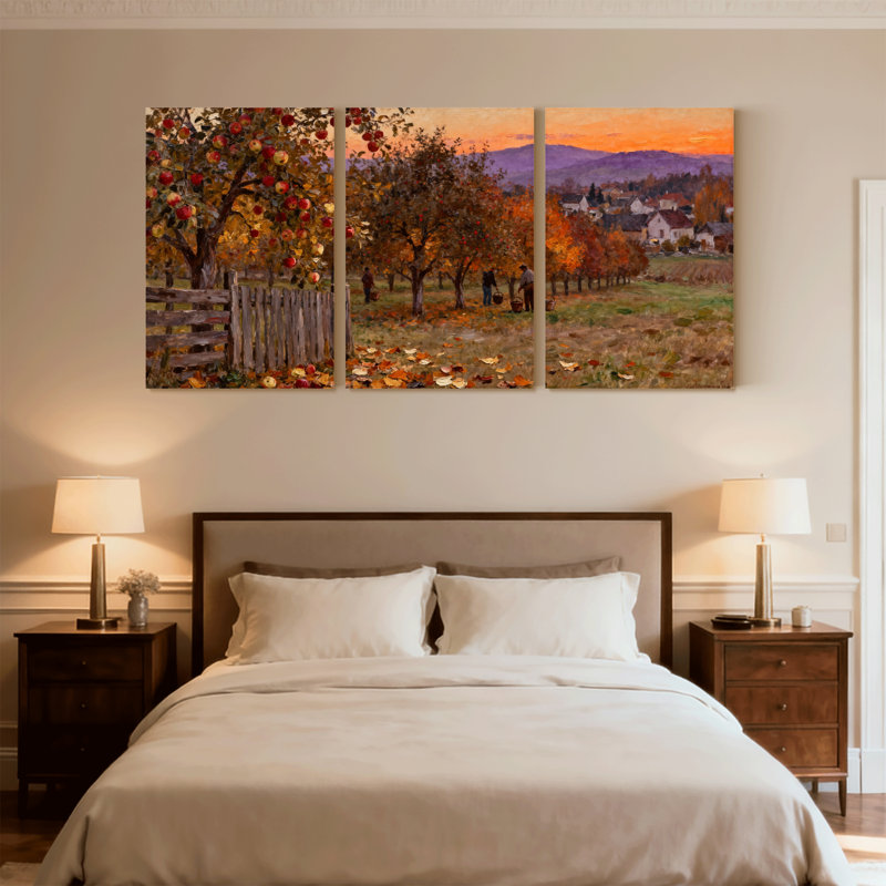 Ensemble de 3 impressions sur toile Scène et paysage d'automne avec feuilles tombantes, H 30 po x l 60 po