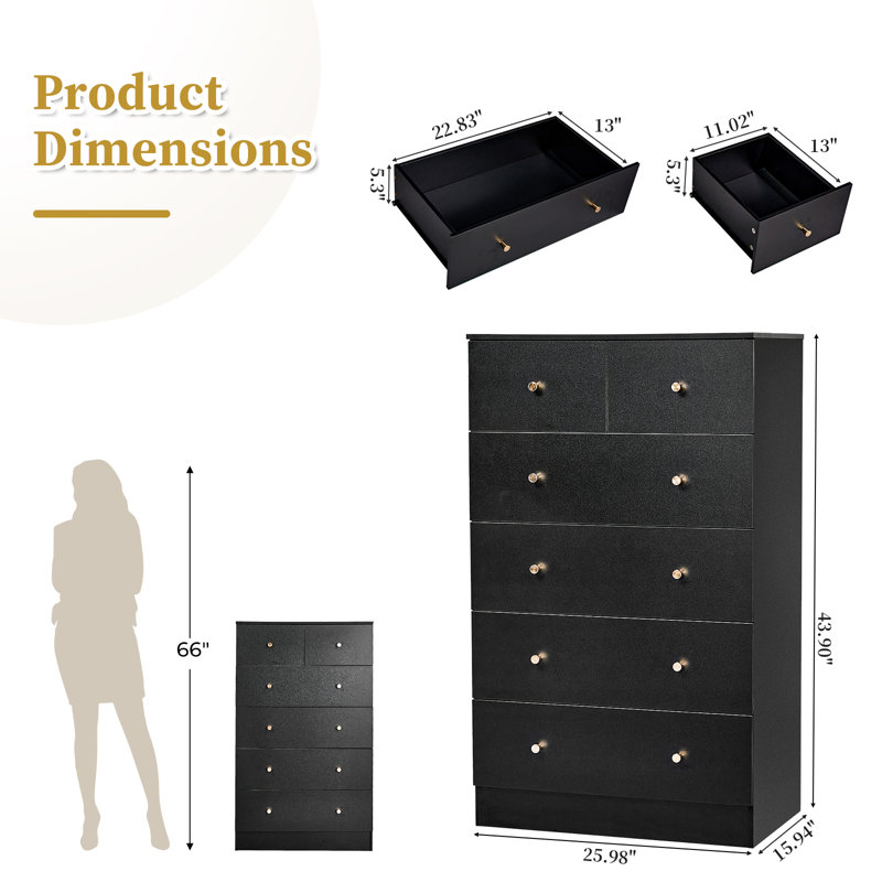 6-Drawer Large Storage Cabinet With Sturdy Construction Wood Storage Organizer For Closet, Black