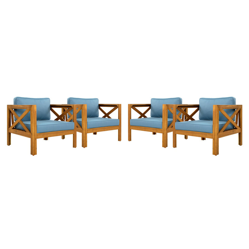 Fauteuil club d'extérieur en bois d'acacia avec coussins (ensemble de 4), ensemble de conversation, convient aux rassemblements extérieurs, finition teck