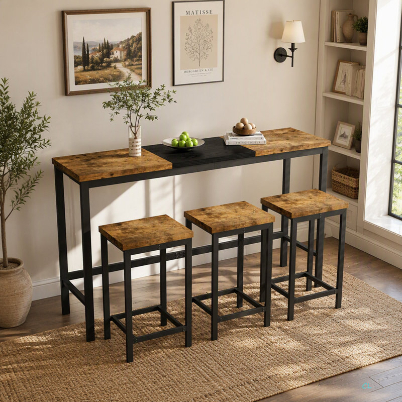 Modern Design Kitchen Dining Table, Pub Table, Long Dining Table Set With 3 Stools, Convenient Hanging Stool Design