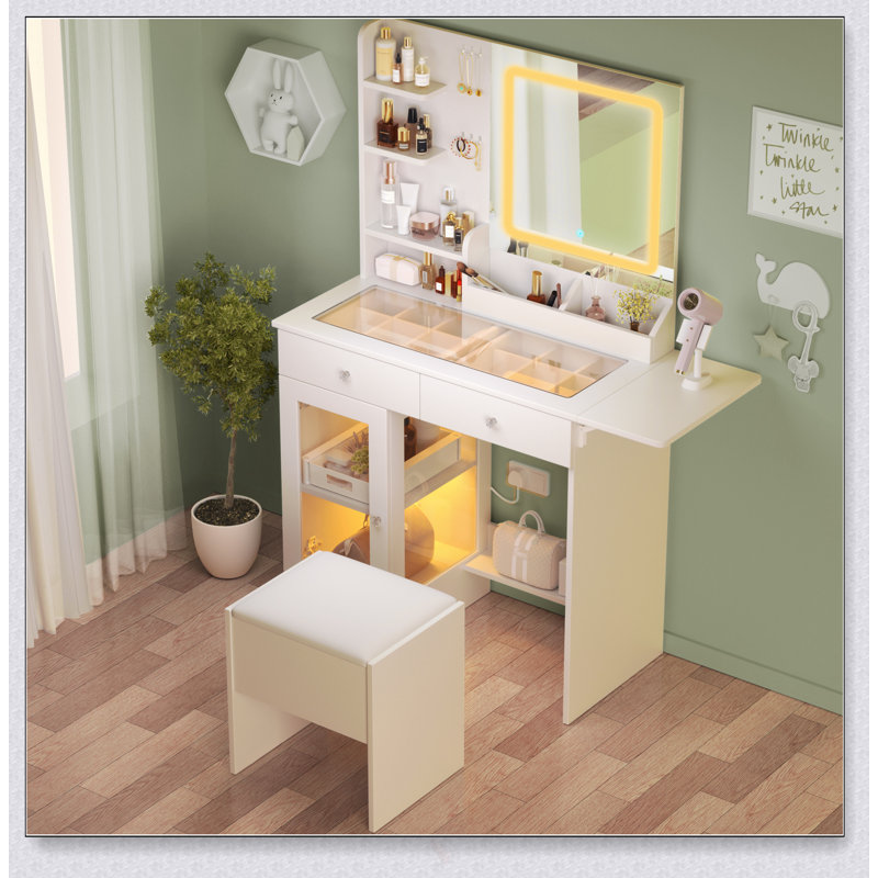 Bureau de coiffeuse compact avec miroir, lumières et chaise, plateau en verre, 2 ports USB, 2 tiroirs, 1 armoire, 3 modes d'éclairage