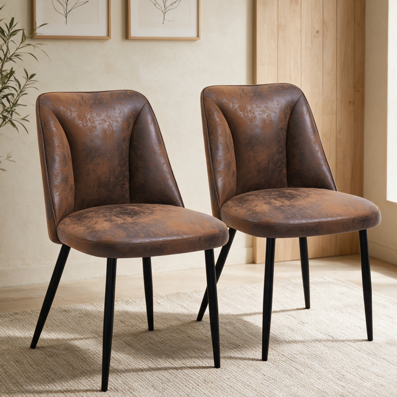 Modern Linen/Suede Upholstered Dining Chair with 8cm Thickened Cushion, Brown Suede, 2