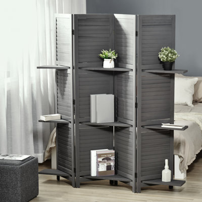 5.6 Ft Folding Privacy Screen Partition, Gray With Storage Shelves For Bedroom/Office, Rustic 4 Partitions Panels, Storage, Wood