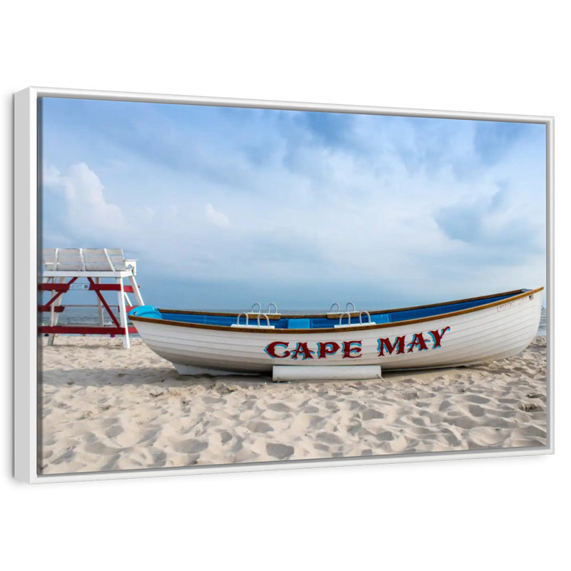 Bateau au cap May, 37 po x 25 po, Cadre flottant en noyer