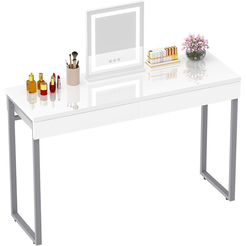 Bureau de coiffeuse avec 2 tiroirs, bureau blanc brillant pour la chambre à coucher, table de maquillage avec espace de rangement, petit bureau pour le bureau personnel (39 po sans miroir)