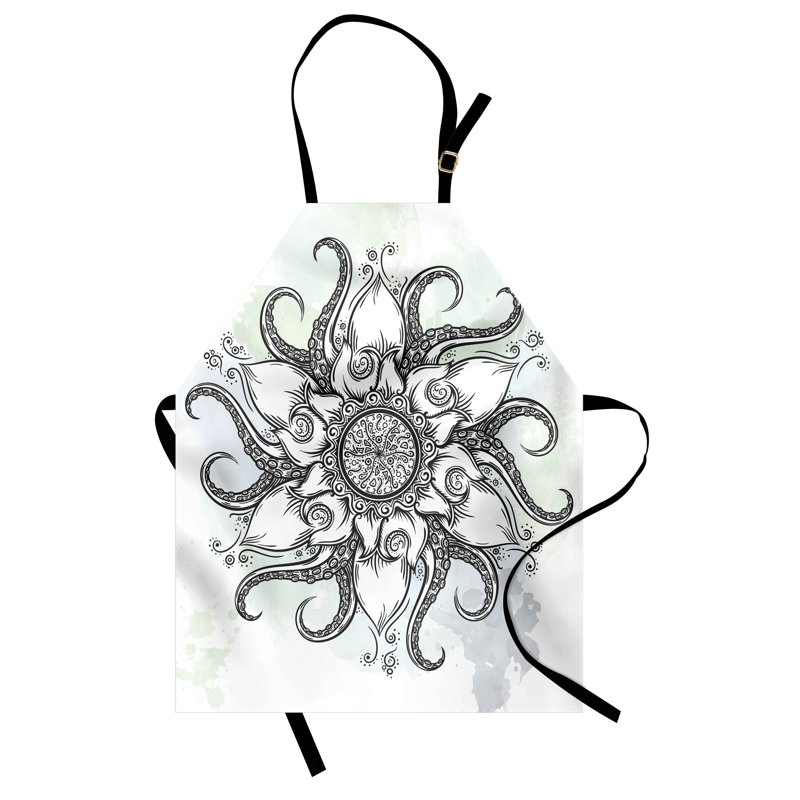 Tablier East Urban Home Octopus unisexe, fleur de mandala dessiné, taille adulte, gris blanc
