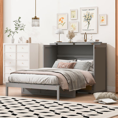 Lit escamotable pleine grandeur avec tiroirs de rangement, peu encombrant, élégant et robuste pour la chambre à coucher, gris