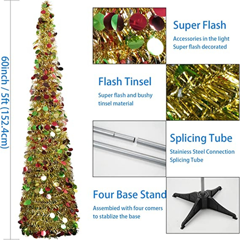 Arbre de Noël 60 po Tinsel, Or / bleu / rouge