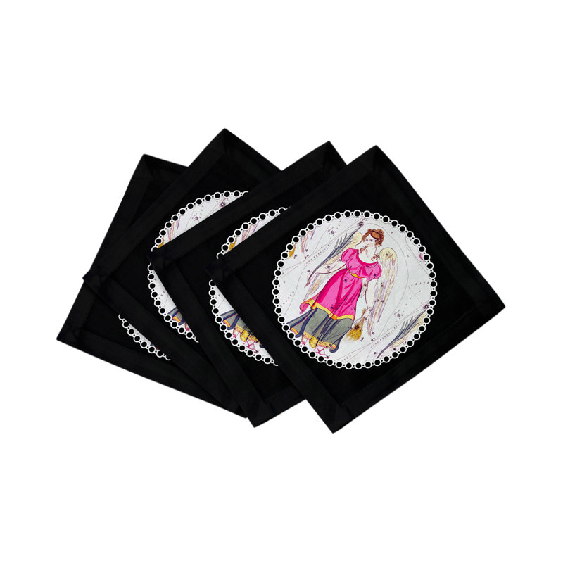 Zodiac Virgo Cotton Sateen Cocktail Napkins, Black