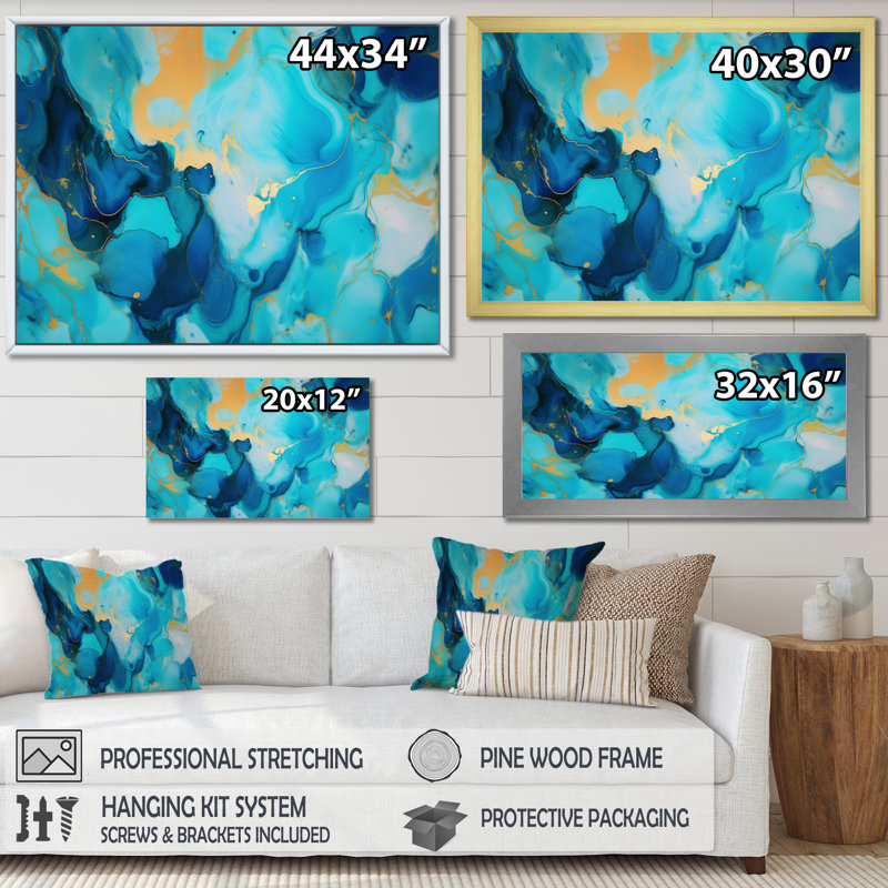 «Turquoise Luxury Abstract Fluid Art III», reproduction d'art sur toile, H 12 po x l 20 po x P 1 po