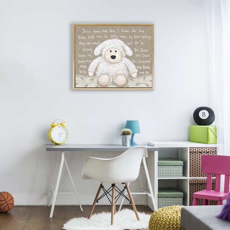 Cadre flottant «Jesus Loves Me Little Lamb», conception par Annie Lapoint, H 17 po x l 21 po, Cadre flottant métallique doré