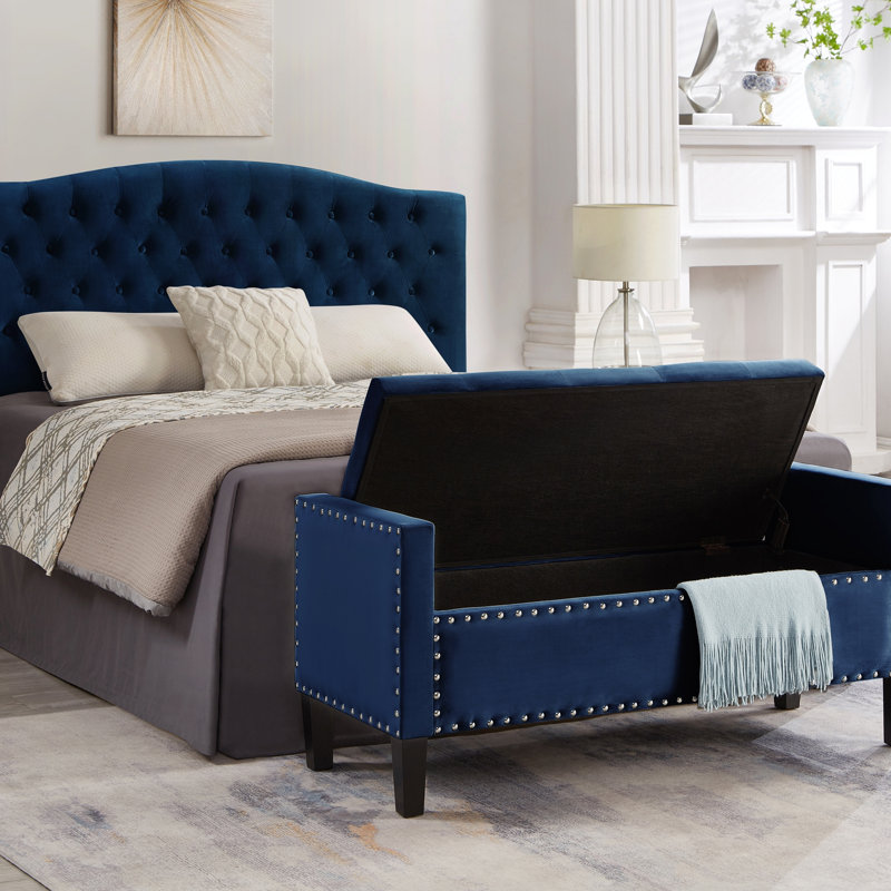 Velvet Upholstered Bench, Navy Blue, Navy Blue
