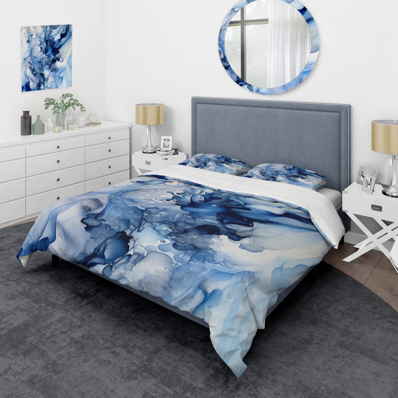 Abstract Classic Blue Waves V - Fractals Duvet Cover Set, Queen Duvet Cover + 2 Standard Shams