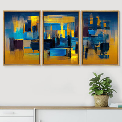 Mid-Century Shape Mid-Century géométrique bleu or paysage, reproduction sur toile 3 pièces