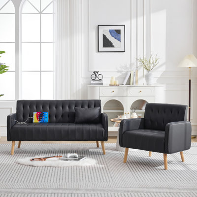 Faux Leather Tufted Living Room With USB Charging & Pockets (Set Of 2)