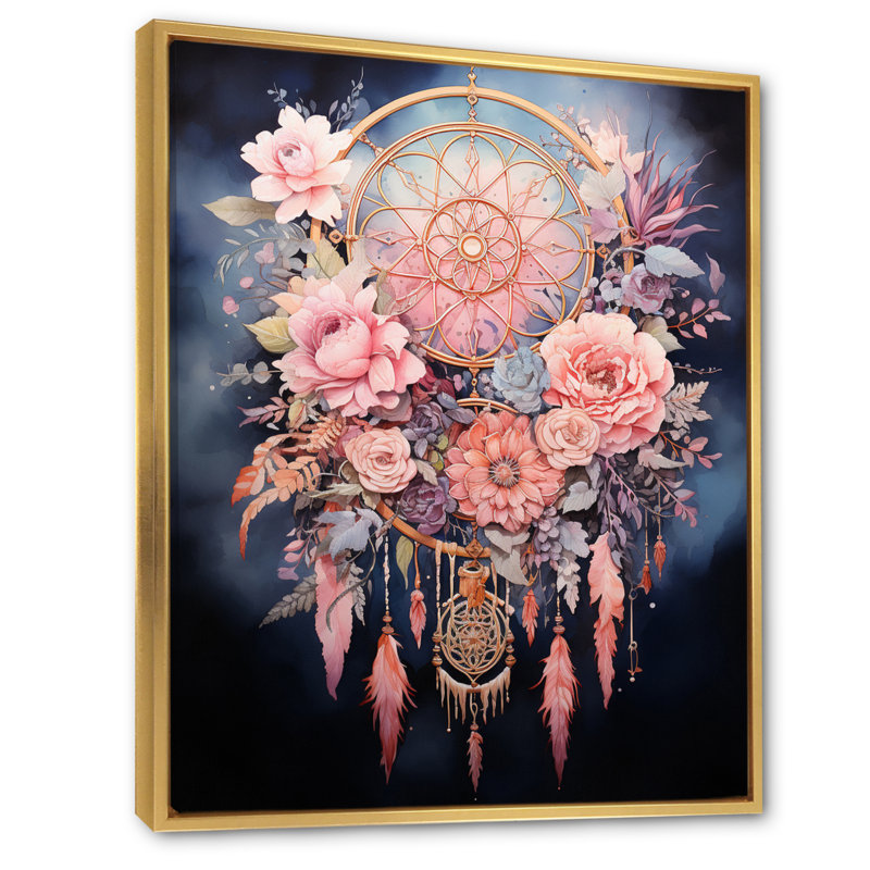«Weires Pink Dreamcatcher Dusks Embrace», reproduction sur toile, H 32 po x l 16 po x P 1 po, Cadre flottant doré