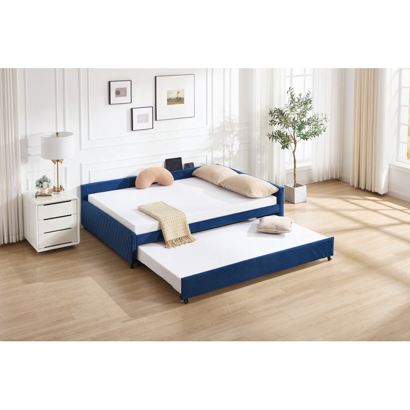 Lit de jour rembourré avec lit gigogne, structure de lit en bois robuste, conception en losange moderne, pour chambre à coucher, chambre d'amis